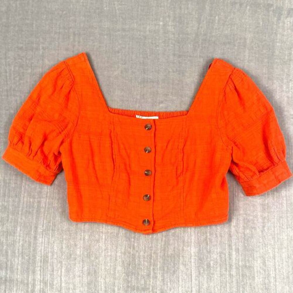 Orange‎ Gauze Smocked Crop Top Womens Size XL 100% Cotton Puff Sleeve Milkmaid